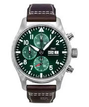 IWC Pilots Chronograph Swiss Made 33 Jewels Automatic IW378005 100M Mens Watch Leather Strap Green Dial