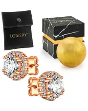 Lovery 14K Rose-Plated Halo CZ Stud Earring Set with Pouch, Bath Bomb & Gift Box