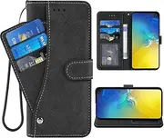 Asuwish Compatible with Samsung Galaxy S10e Wallet Case and Wrist Strap Lanyard Leather Flip Card Holder Stand Cell Accessories Phone Cover for Glaxay S 10e Gaxaly 10se Galaxies Se10 Women-Black