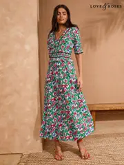 Love & Roses Green Floral Peplum Tea Midi Dress (AY0848) | $150