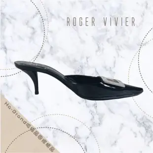 【哈極品】二手品《Roger vivier RV 黑色 銀方框 漆面全皮 尖頭/低跟鞋/涼鞋/托鞋》