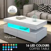 Rectangle Modern White Coffee Table High Gloss Storage Unit Furniture with 4 Drawers LED Lights