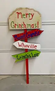 Grinch Whoville Merry Christmas Directional Wood Outdoor Yard Art Sign Grinchmas