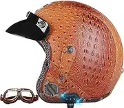 Bluetooth Open Helmet Vintage Leather Motorcycle Jet Helmet with Bluetooth and Removable Liner Fits Men Women Chopper Motorcycle DOT/ECE Approved Motorbike Helmet