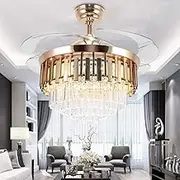 FanLighting 42 Inch Invisible Reversible Ceiling Fan with LED Lights and Remote Control, 4 Retractable Blades Fan Chandelier for Bedroom, Indoor Crystal Ceiling Light Kits with Fans (Gold-03, 107 CM)