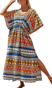 [L-Peach] Women's Bohemian Kaftan Roomy Nightgown Long Loungewear Beach Dress Cover-ups Robe Sarong Pareo