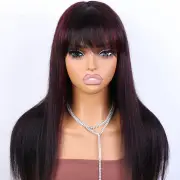 Brazilian Straight Human Hair Wigs With Bangs for Women Burgundy Highlight 18in