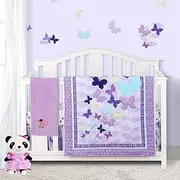 Sweet Baba Luxury 4 Piece Butterfly Crib Bedding Set,Purple Crib Set for Baby Girls,Microfiber Printed Nursery Bedding Set with Comforter/Skirt/Crib Sheet/Blanket