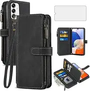 [Asuwish] Phone Case for Samsung Galaxy A14/M14 5G Wallet Cover with Tempered Glass Screen Protector and Leather Flip Credit Card Holder Stand Lanyard Cell Accessories A 14 4G 14A 14M G5 Women Men Black