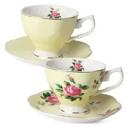 BTaT- Floral Tea Cups and Saucers, Set of 2, 8oz, with Gold Trim, Coffee Cups,