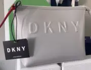 DKNY Makeup Pouch Cosmetic Bag Train Case Zipper Chrome Matte Grey DA050TM0 BNWT