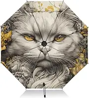 [PDZRMY] Face Cat Flower UV Protection Travel Umbrella Compact for Rain and Sun - Auto Open and Close UPF 50+ Windproof Portable 46” Sun Umbrella for Women and Men