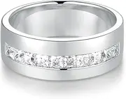 [yoalincy] Men Wedding Ring 1cttw Moissanite Princess Cut Channel Set Wedding Band Sterling Silver with 18K White Gold Plated Half Eternity Ring for Men DEF Color Moissanite Ring for Men
