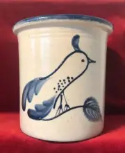 VTG SALT-GLAZED STONEWARE BIRD-ART CROCK UTENSIL JAR - Bujno Pottery Pa - Signed