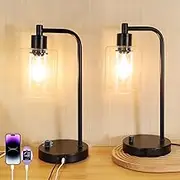 Set of 2 Industrial Stepless Dimmable Table Lamps with USB-A & USB-C Ports – Metal Base with Glass Shade Bedside Nightstand Lamps for Bedroom & Office