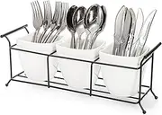 Bekith 3-Piece Ceramic Flatware Caddy with Metal Rack, Utensil Holder Silverware Caddy Cutlery Organizer, White