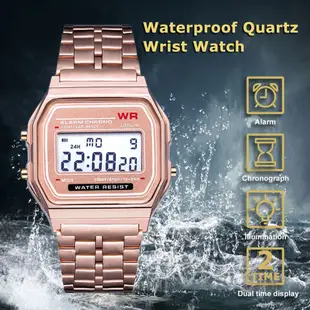 超薄LED電子錶優雅男士女士復古不銹鋼液晶數字運動碼錶腕表 原素風 LED數碼鬧鐘秒錶 方形手錶