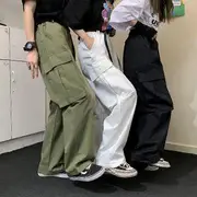 Couple Matching Wide-Leg Cargo Pants with Belt Army Green - L