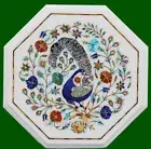 Peacock Pattern Inlay Work End Table Top Octagon Shape White Marble Coffee Table