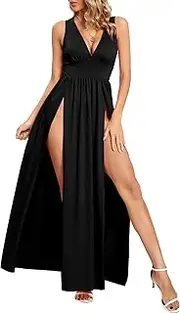 [SILUI] Women's Double High Slit Black Party Dress for Women Long Sleeve Deep V Neck Split Thigh Long Maxi Dresses