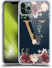 Head Case Designs Officially Licensed Nature Magick Letter V Floral Monogram Gold Navy 2 Gel Case [Military Grade Protection] Compatible with Apple iPhone 11 Pro Max