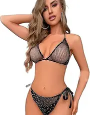[SEXYTINE] Womens Fishnet Bodystocking Sparkle Rhinestone Mesh Tights Triangle Sexy Tight Hollow Iron Diamond Mesh Lingerie Two Piece Three Point Sexy Bra and Panty Sets Black, Black, One Size
