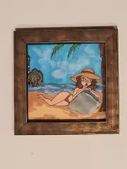 2023 Pin Up On Beach Original Ink Drawing With Raw Jade Rock