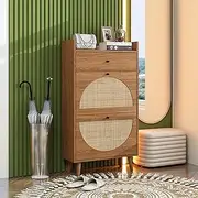 maideying Modern Wooden Shoe Cabinet with Rattan Design, 3 Drawers, 4 Pine Legs - Water-Resistant, Space-Saving Storage Organizer for Entryway, Hallway (Walnut)