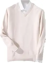 [Suvoiier] Men Slim Fit Casual Dress Sweater Men Warm Pullover Classic V-Neck Sweaters Men's Long Sleeve Sweater Beige S