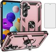 Phone Case for Samsung Galaxy A35 5G with Tempered Glass Screen Protector and Stand Ring Holder Hard Shockproof Magnetic Metal Heavy Duty Cell Accessories A 35 35A A355G Women Men Rose Gold