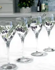 Hand Painted Olives Etched Wine Glasses Crystal Stemware ~Set of 4 ~Romania