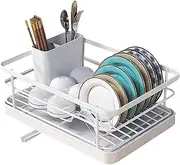 Expandable Dish Drying Rack – Carbon Steel Dish Drainer with Utensil Holder & Drip Tray, Space-Saving Kitchen Counter Organizer for Sink & Small Countertops (White)