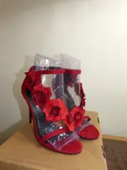 Boohoo Floral Detail Heeled Sandals Red NWB size US 8