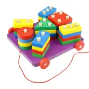 Montessori Wooden Geometric Shape Sorter & Stacking Train Pull Toy for Toddlers
