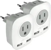 2 Pack European Travel Plug Adaptor with 2 USB Ports (Type C) 4 in 1 Outlet New
