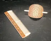 Russian Birch Wood Curved Hair Slide & Wooden Comb Embossed Design