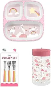 Kids Unicorn Dining Set, 3-Piece Cutlery, Sectioned Plate, Tumbler with Straw, Pink and Rainbow Design