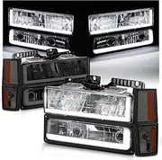 M-AUTO Factory Style Head lights Lamps Assembly Compatible with 1992 1993 92 93 Chevy C /K1500 2500 Suburban Blazer Full Size, 8PCS Ledft and Right Chrome Housing Amber Corner Headlamps Parking Lights