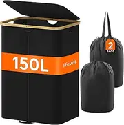 Lifewit 150L Double Laundry Hamper with Lid, Large Laundry Basket with Bamboo Handles and Removable Laundry Bags, Foldable Clothes Hampers for Laundry for Bedroom, Bathroom, Dorm, Laundry Room, Black