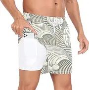 [GuoChe] Beach Shorts for Men Men's 2 in 1 Workout Shorts Japanese Wave Beige with Compression Liner and Pockets Gym Shorts