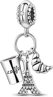 [The Charmery] Paris Eiffel Tower Croissant and Coffee travel charm 925 Sterling Silver Compatible with Pandora Charms,and Many Other UK Charm Bracelets., Metal