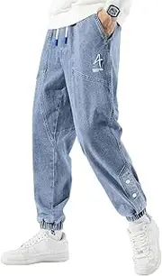[ANBOBER] Men's Jean Joggers Denim Cargo Pants Streetwear Sweatpant Jeans with Drawstring Elastic Waist