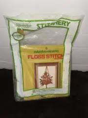Vintage Columbia Minerva Floss Stitch Embroidery Hanging flower Basket 5x7" 6617