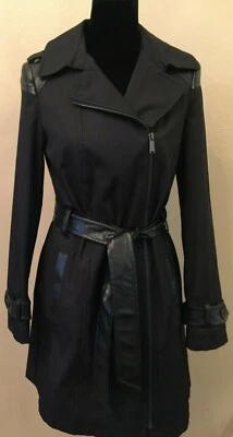 DKNY Womens Water Repellent Asymmetrical Zip Trench Coat Size XS Black Self Tie