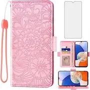 Compatible with Samsung Galaxy A14/M14 5G Wallet Case Tempered Glass Screen Protector Card Holder Stand Accessories Leather Flip Shockproof Soft Phone Cover for A 14 4G 14A 14M G5 Women Men Rose Gold