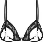 [GRRKDFQ] Women'S Erotic Bodystockings & Catsuits Open Cup See Through Sheer Lace Bras Metal Rings Linked At Bust Bralette