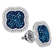10kt White Gold Womens Round Blue Color Enhanced Diamond Cluster Earrings 3