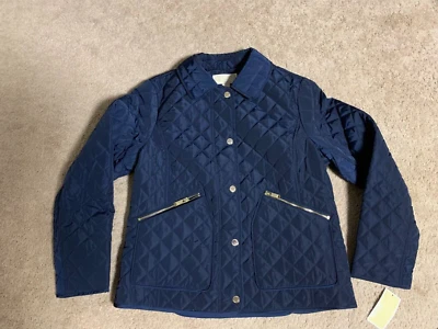 Michael Kors Womens Diamond Quilted Puffer Jacket Midnight Navy Color Size L New