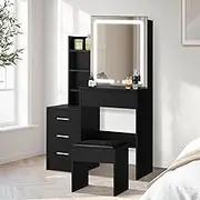 Oikiture Dressing Table with Mirror and Stool Lighted Makeup Mirror with Touch Control 4 Drewers and 4 Open Shelves Black