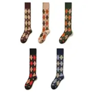 Women Ribbed Knee High Socks Vintage Argyle High Tube Stockings
